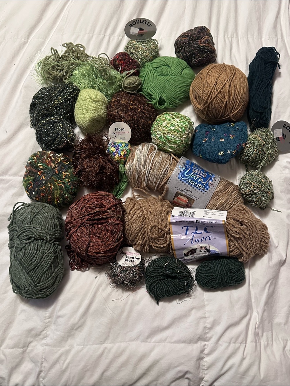 Assorted Green and Earth Tone Yarn Collection by Various Brands